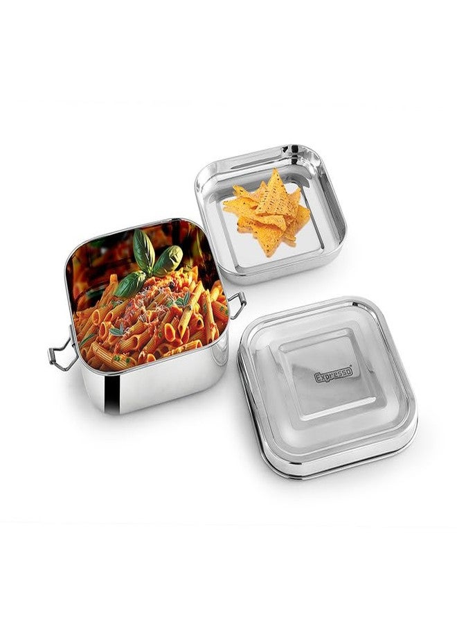 Expresso Steel Tiffin Box for Office | Stainless Steel Lunch Box, 500 ML with Inner Plate | Traditional Design Glossy Finish Steel Box in Silver - Image 1